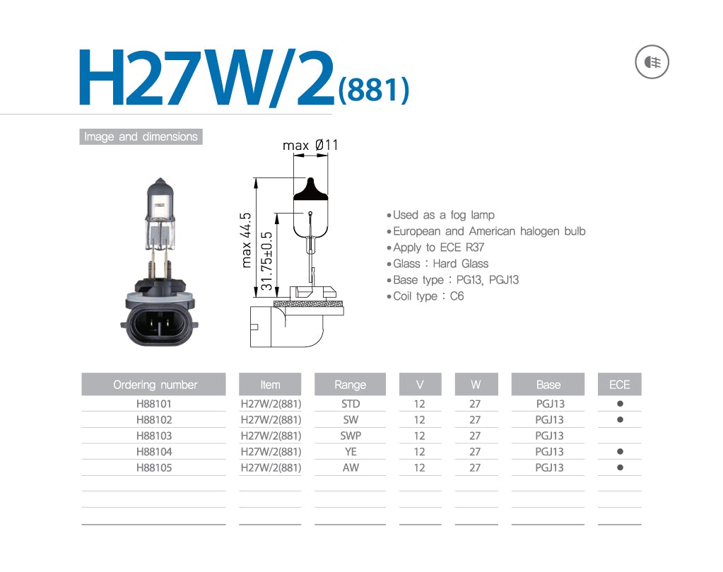 *J4* H27/2 881 AMOLUX BOMBILLA HALÓGENA CON BASE DE PLASTICO PARA FAROS DELANTEROS - 27 WATTS