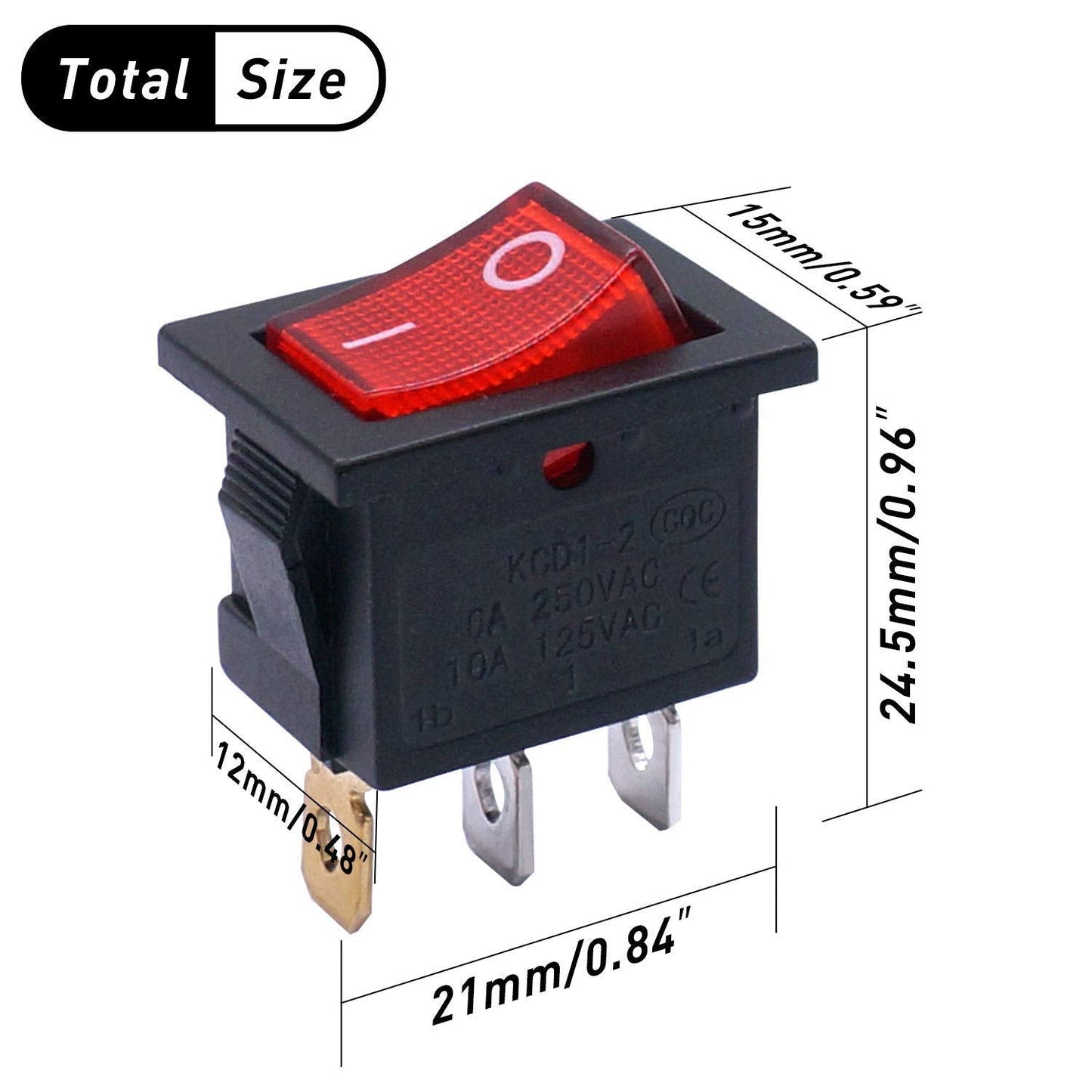 KCD1 INTERRUPTOR BASCULANTE 3 PINES 2 POSICIONES ON/OFF CA 6A / 125V 10A / 250V LUZ LED ROJA