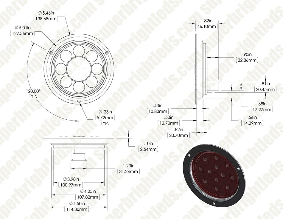 GPM 320-595A-MV-E LUCES LED REDONDAS PARA CAMIONES Y REMOLQUES - LUCES LED DE FRENO / DE GIRO / TRASERAS CON DIAMETRO DE 4" CON ARANDELA DE ACERO INOXIDABLE Y ENCHUFE DE 3 CLAVIJAS - MONTAJE EMPOTRADO - 12/36V